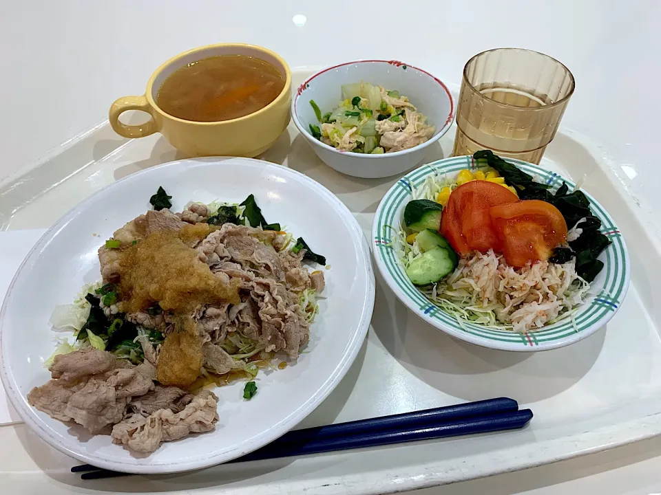 Snapdishの料理写真:牛しゃぶおろしポン酢、白菜と鶏肉のポン酢和え、わかめサラダ、ベーコンと大根のスープ|Tadahiko Watanabeさん