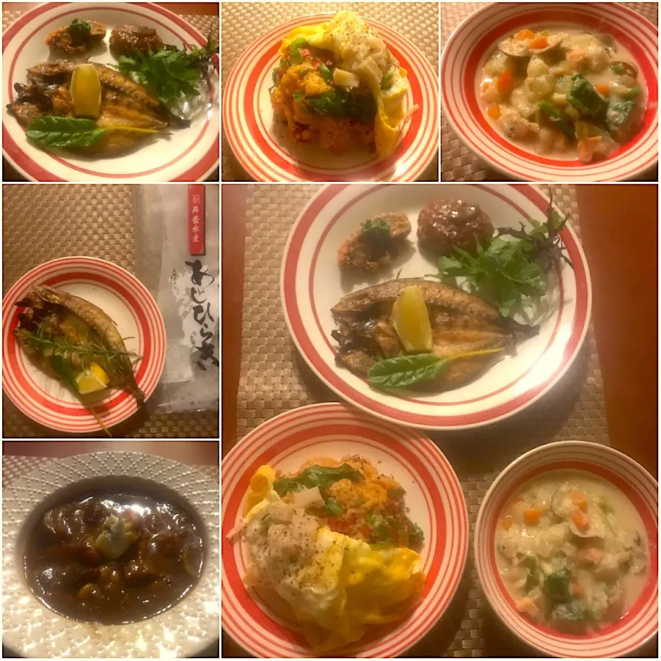 Snapdishの料理写真:Today's Dinner🍴お野菜たっぷり豆乳ｸﾗﾑ&ｼｰﾌｰﾄﾞﾁｬｳﾀﾞｰ･Oryさんの鯵の干物の美味しい焼き方deﾚﾓﾝｵｲﾙ焼き･ｽｲｽﾁｬｰﾄﾞと帆立のｵﾑﾗｲｽ･ﾊﾝﾊﾞｰｸﾞ&鰯の重ねﾊﾟﾝ粉焼き<ﾃﾞﾘ>|🌈Ami🍻さん