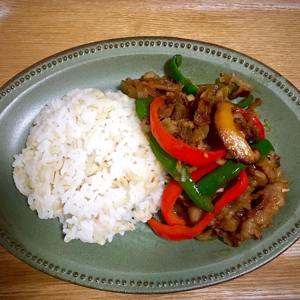 牛肉とパプリカピーマン椎茸玉ねぎネギの余り物炒め|たまさん