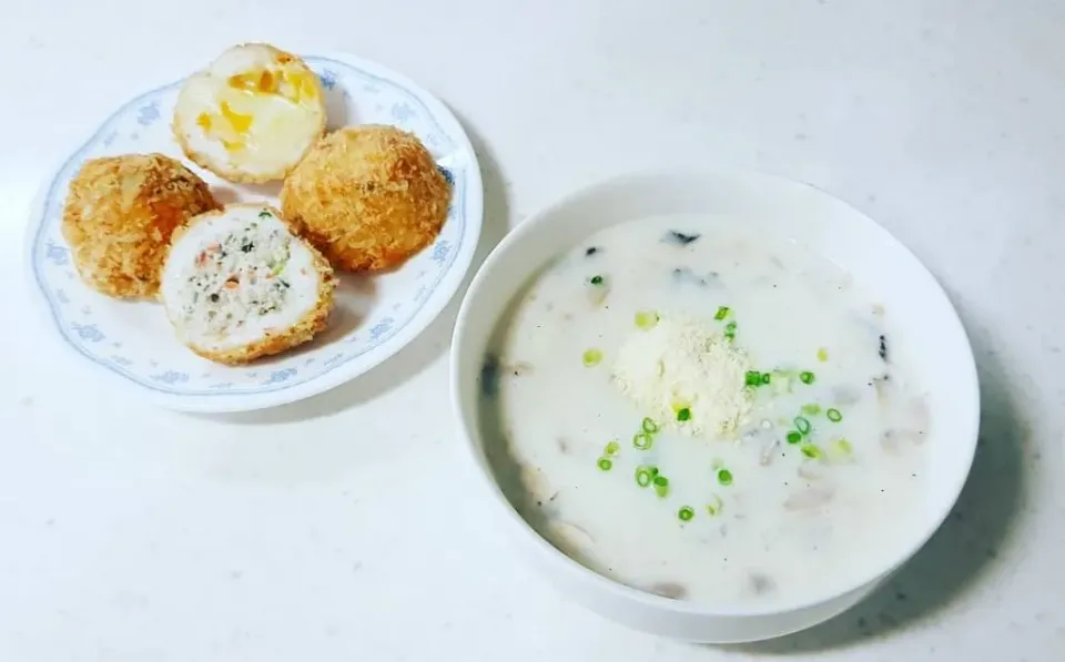 New England clam chowder and fish paste croquettes|steven z.y.さん