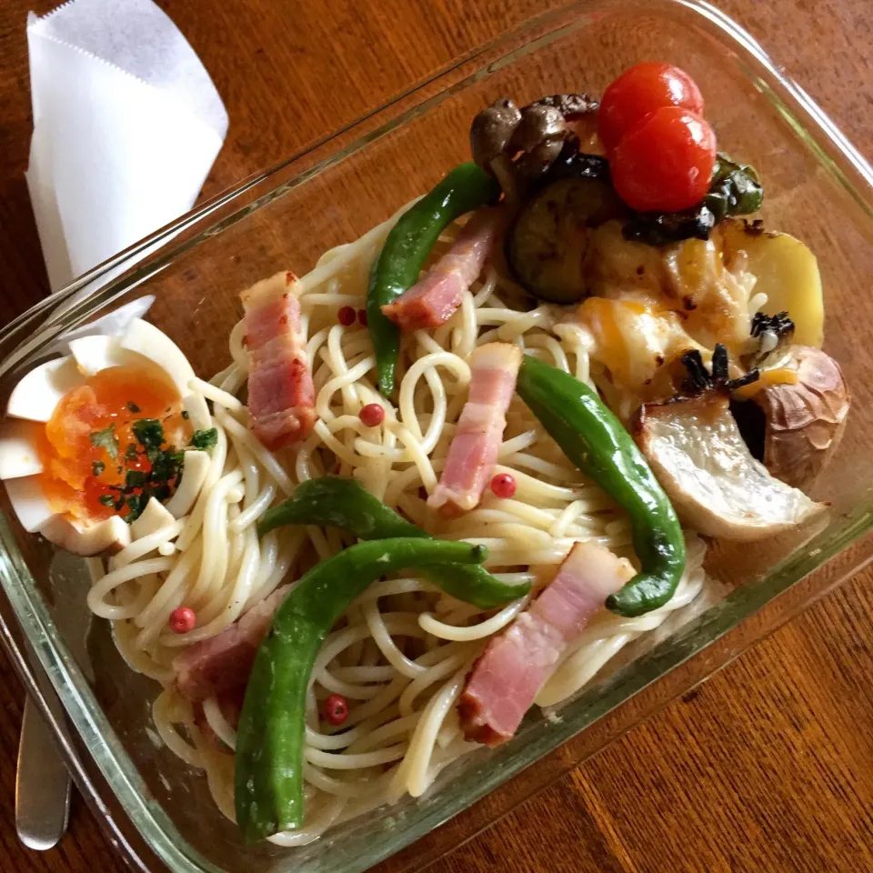 ベーコンとししとうのスパゲッティ 野菜のグリル添え弁当|Kさん