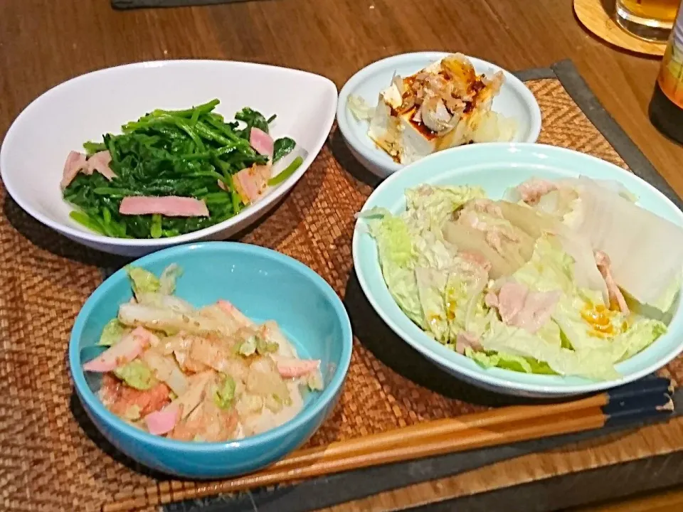 ほうれん草のバター炒め&冷奴&白菜サラダ&豚バラ白菜ミルフィーユ|まぐろさん