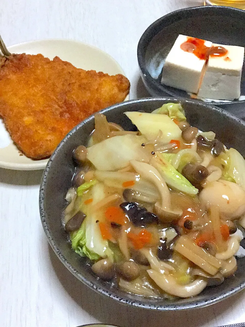 中華丼、アジフライ、湯豆腐キムチのせ|Ayaさん