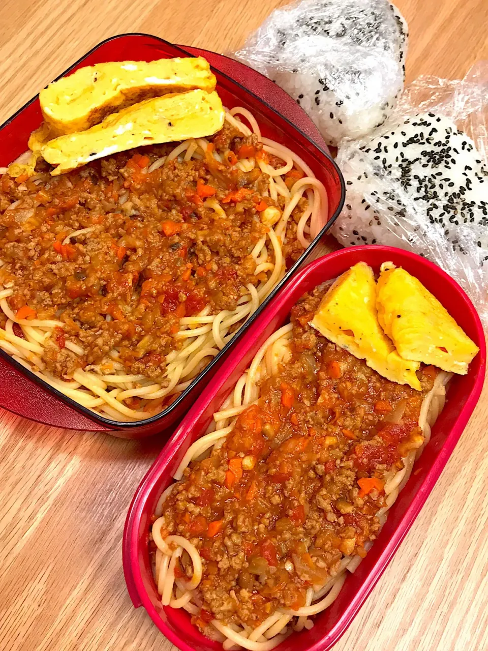 Snapdishの料理写真:2018.12.7 中3＆高３男子ミートソース🍝弁当〜🍱😋|mari-pさん