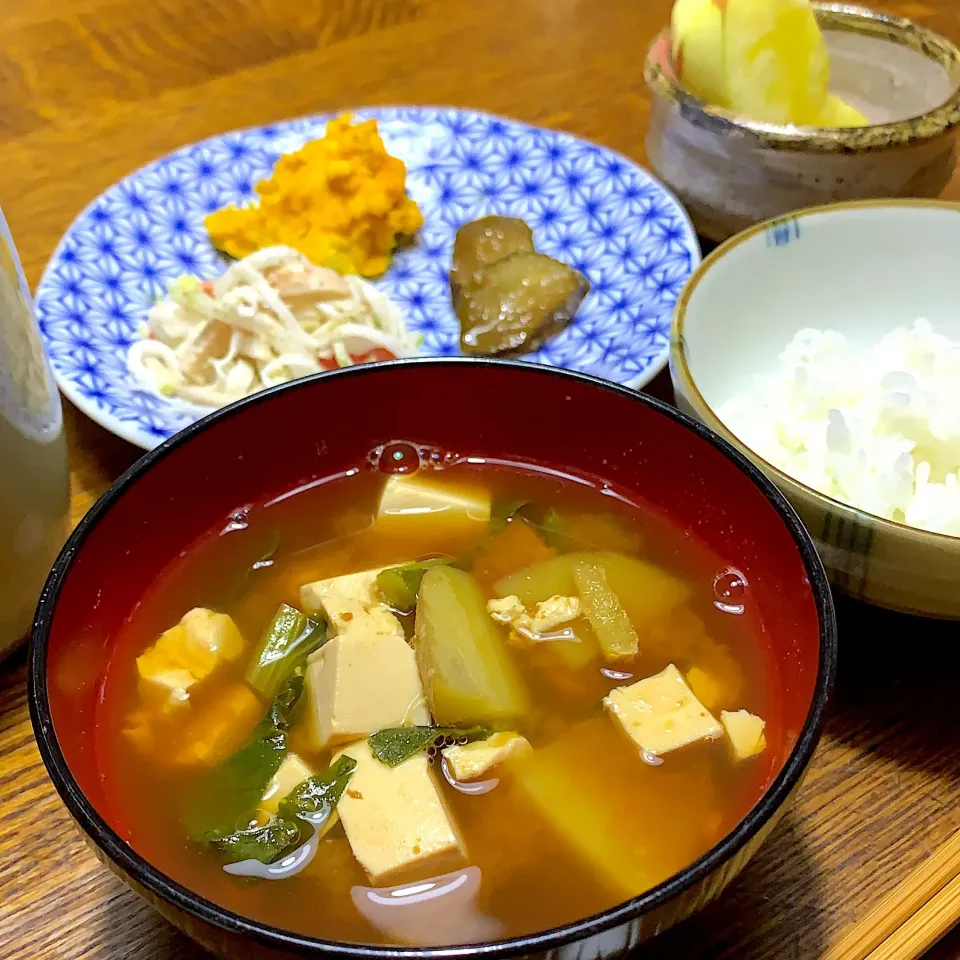 #朝ごはん  #味噌汁 #きゅうりの佃煮 #かぼちゃサラダ #カニカマ大根サラダ|garuさん