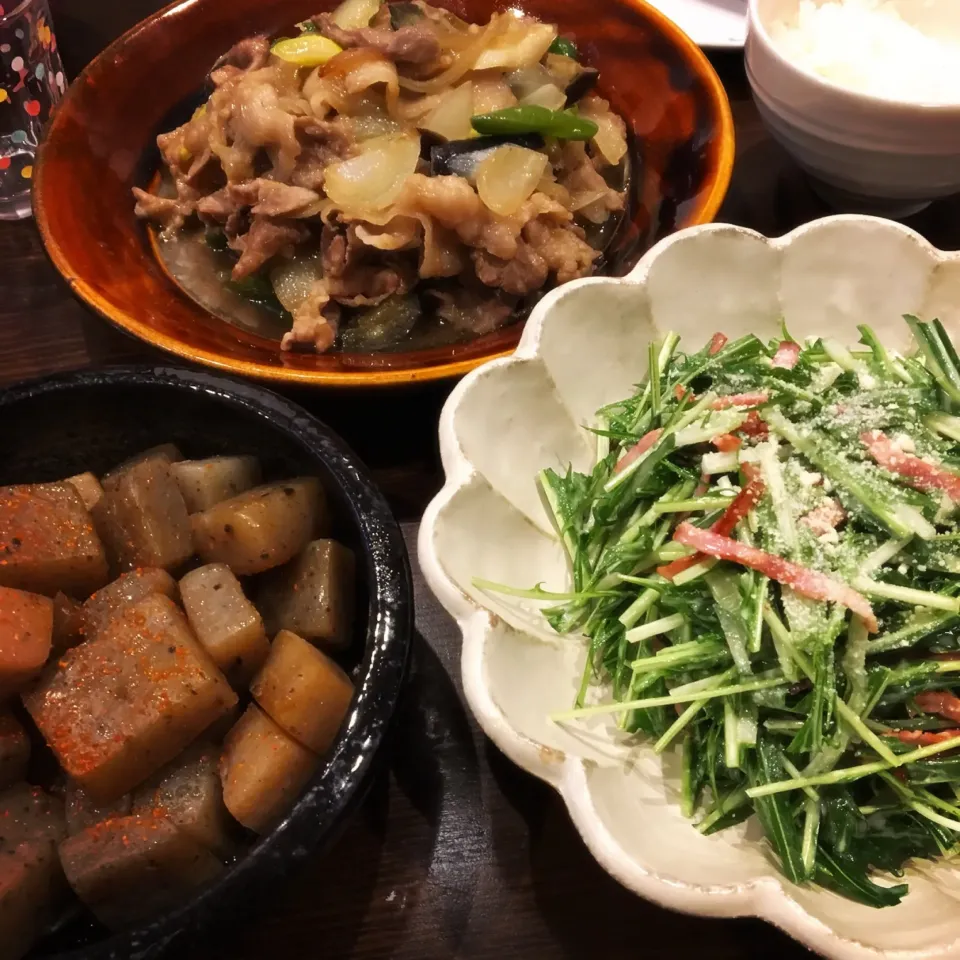 豚肉と茄子の味噌炒め、水菜とベーコンのシーザーサラダ、こんにゃくのオランダ煮|ともさん