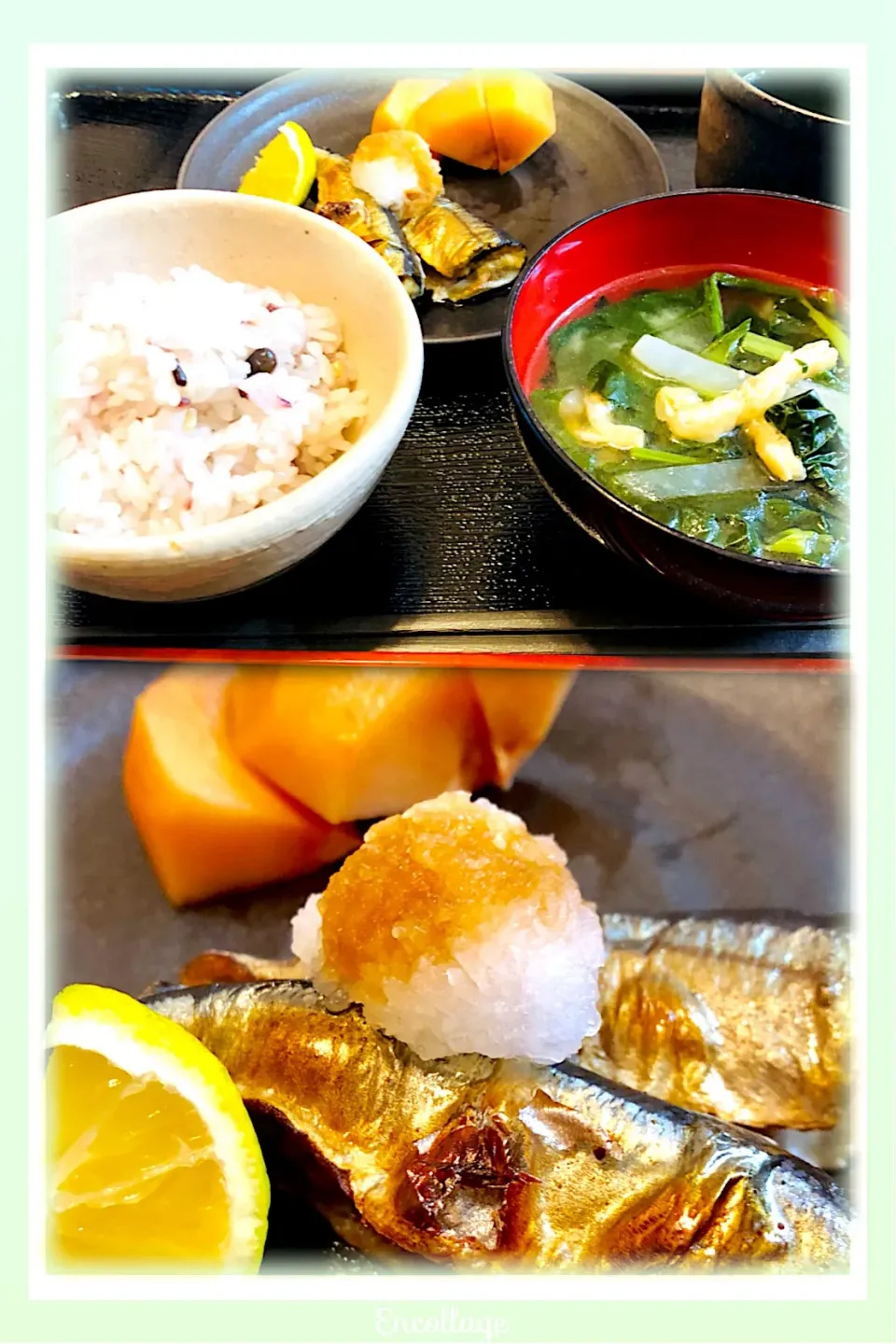 Snapdishの料理写真:#今朝の朝ごはん
 #糀甘酒入り味噌汁（大根・油揚げ・小松菜・ワカメ・仙台味噌） #十六穀米 ごはん#さんまの塩焼き#大根おろし#カボス#甘柿|笙　みかんさん