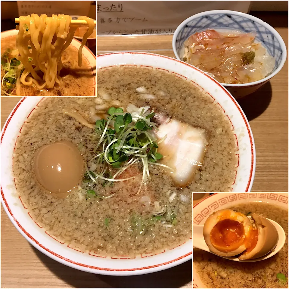 Snapdishの料理写真:味玉醤油らーめん まったり＋真鯛の昆布〆丼@きたかた食堂(新橋)|塩豚骨さん