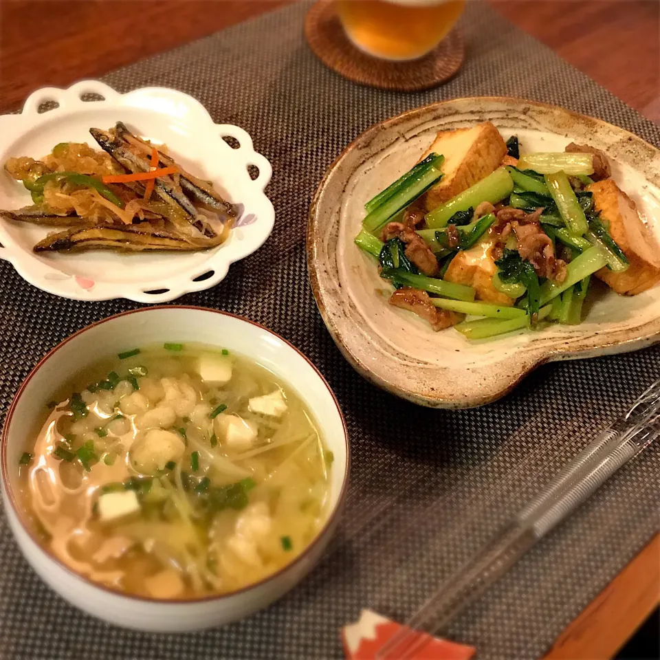 豚こま肉と厚あげ、小松菜の中華炒め #麹甘酒 
きびなごの南蛮漬け
味噌汁|𓇼 Ⓢ Ⓗ Ⓘ Ⓝ Ⓞ Ⓑ Ⓤ 𓇼さん