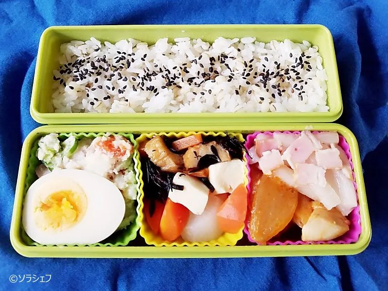 今週の弁当
★味玉
★ポテサラ
★高野豆腐とにんじんの煮物
★ひじき煮 　
★大根とベーコンの黒胡椒炒め 
★鶏胸肉と玉ねぎのケチャップ炒め|ソラシェフさん