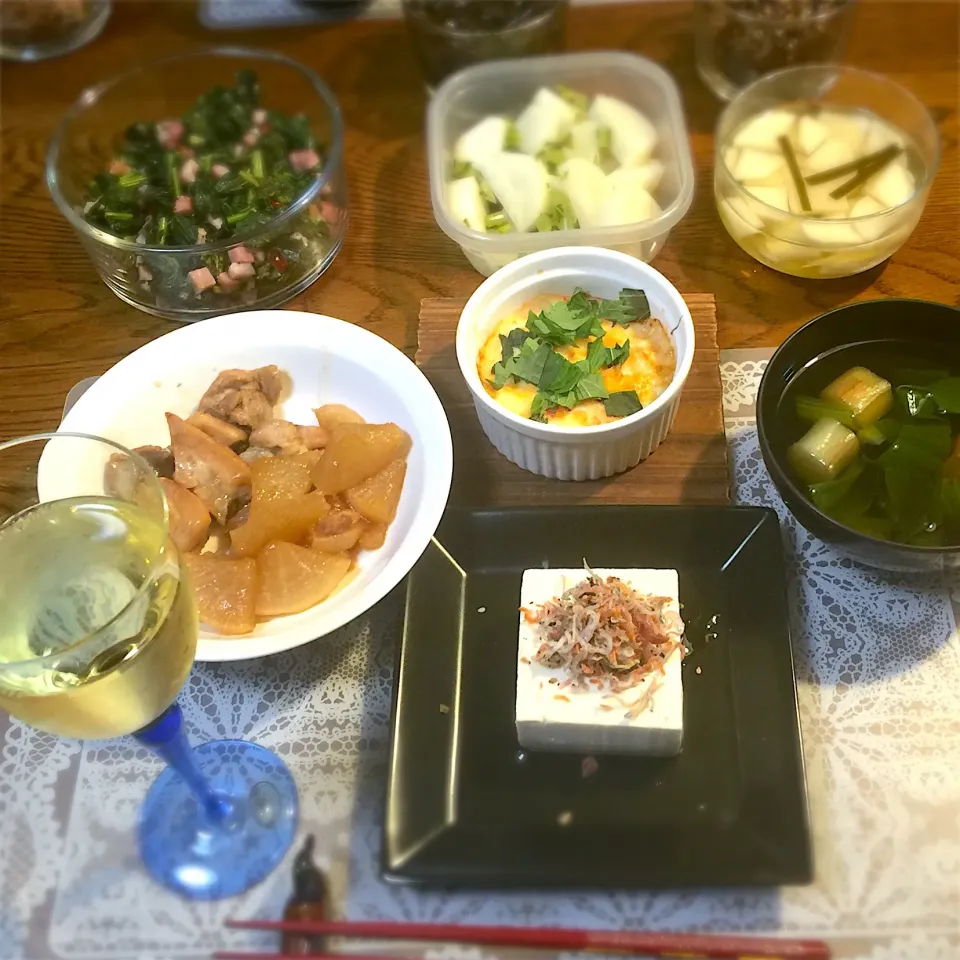 鶏もも肉と大根の煮物、長芋と明太子のマヨグラタン、吸物、漬物、常備菜|yakinasuさん