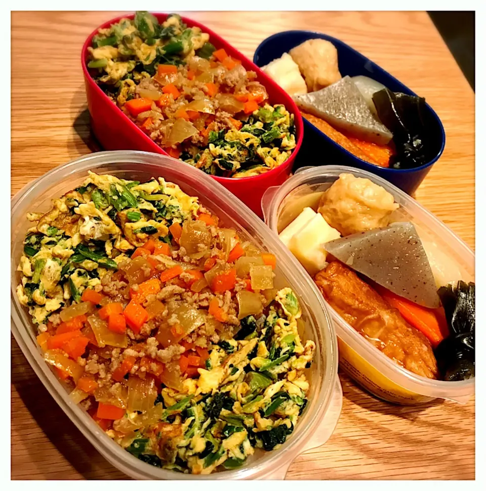 おでんの残り弁当。Box lunch: Minced bowl and Oden, Japanese hotchpotch|toyamadaさん