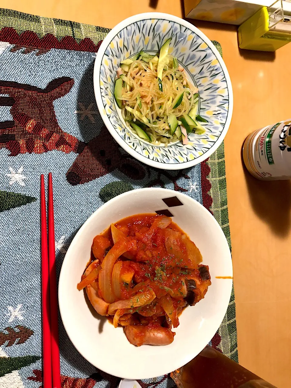 Snapdishの料理写真:野菜トマト煮込み、きゅうりの春雨サラダ|shinsさん