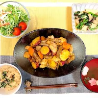 鶏肉と秋の根菜*エリンギと春菊のにんにく炒め|Yuka Hayashimotoさん