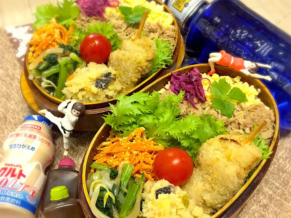 鶏フレーク・玉子そぼろご飯&串カツ&小松菜🥬ともやしの柚子ワサビお浸し&人参🥕の子和え&おから入り和風ポテサラ&しばわかめ&わさび菜&プチトマト🍅の夫婦お弁当♪

 #弁当  #フチ子  #串カツ  #子和え  #和風ポテサラ|桃実さん