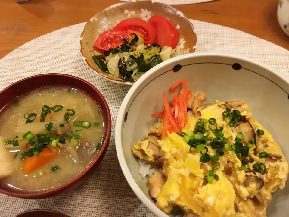 18/12/12 夕飯♪ 親子丼 キャベツとワカメの酢物 豚汁（昨日の残り）|ikukoさん