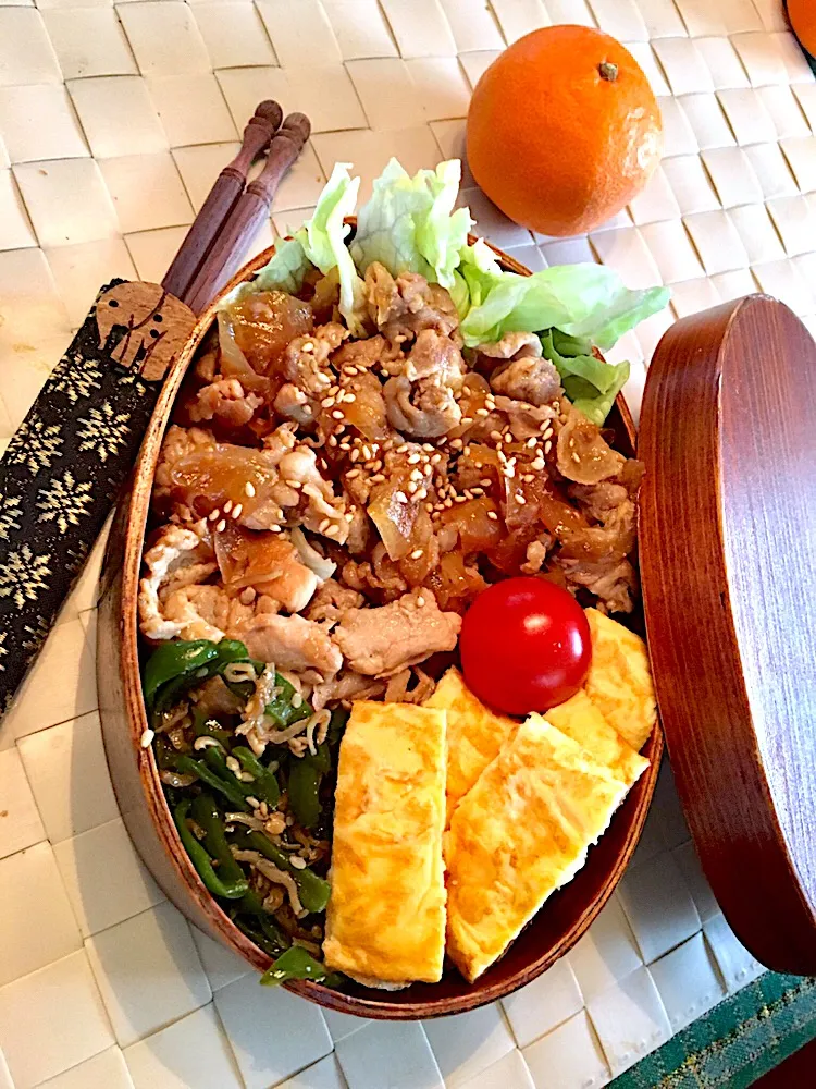 生姜焼き弁当
 #曲げわっぱ弁当  #大人弁当  #生姜焼き弁当  #生姜  #ピーマンのきんぴら|Emi N Maruyamaさん