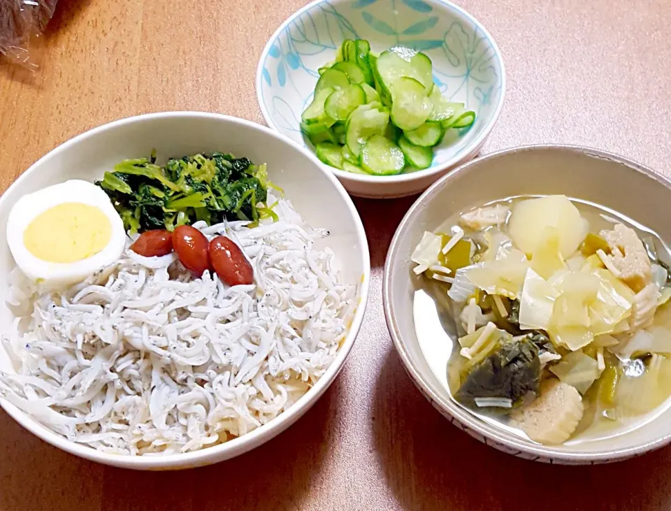 Snapdishの料理写真:釜揚げしらすと三つ葉丼
きゅうりの酢の物
ド根性スープ|ナナさん