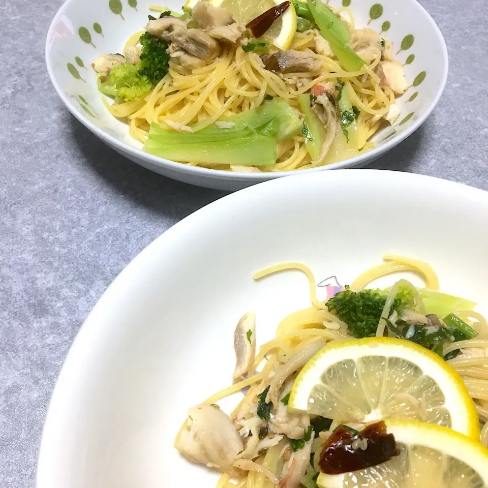 焼き鯖のペペロンチーノ|よんさん