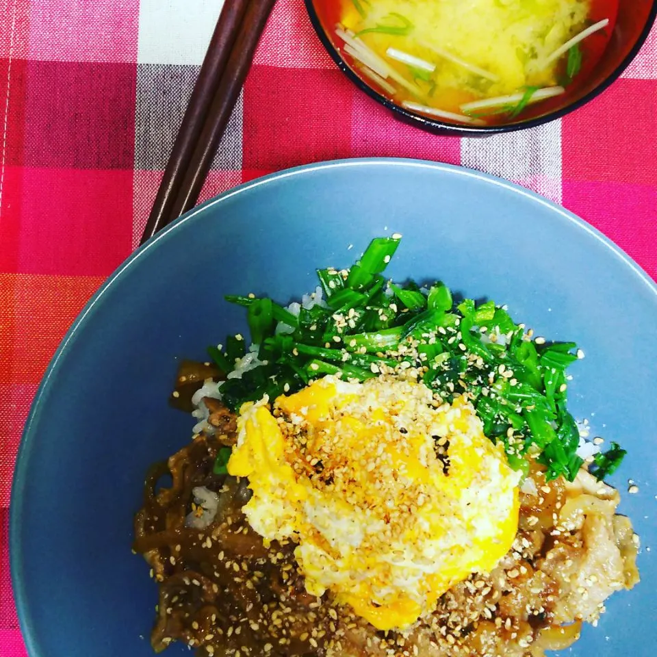 三色丼 
   牛肉。豚肉。ホウレン草    卵       #胡麻|福島由美子さん