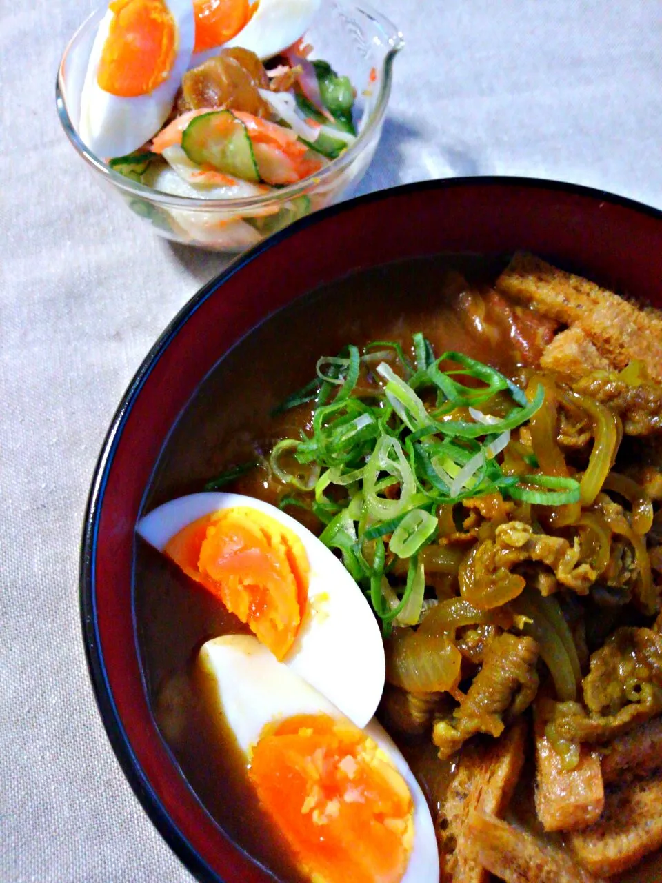 カレーうどん #相模屋おだしがしみたきざみあげ
 Maさんの#生姜佃煮 でサラダ|みるくここあさん