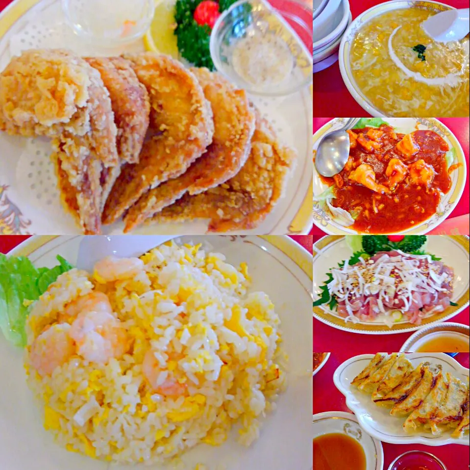 満州楼でランチ☀🍴コーンスープ＆マグロのレバ刺風＆焼き餃子＆エビチリ＆手羽先の唐揚げ＆海老チャーハン|うたかた。さん