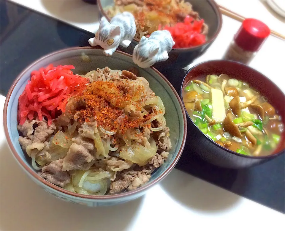 お家で着くわ牛丼とナメコのお味噌汁で晩御飯|Takeshi  Nagakiさん