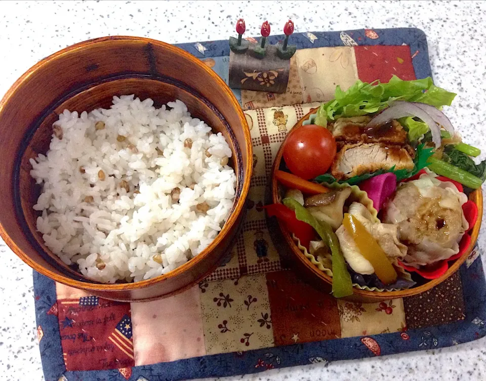 Snapdishの料理写真:今日のお弁当😊 #夫弁当  #わっぱ弁当  #丸弁当  #地味弁当|naonaomimichanさん