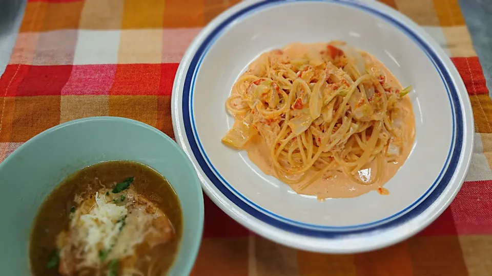 蟹クリームパスタ
オニオングラタン風スープ付き|よっしー(=^ェ^=)さん