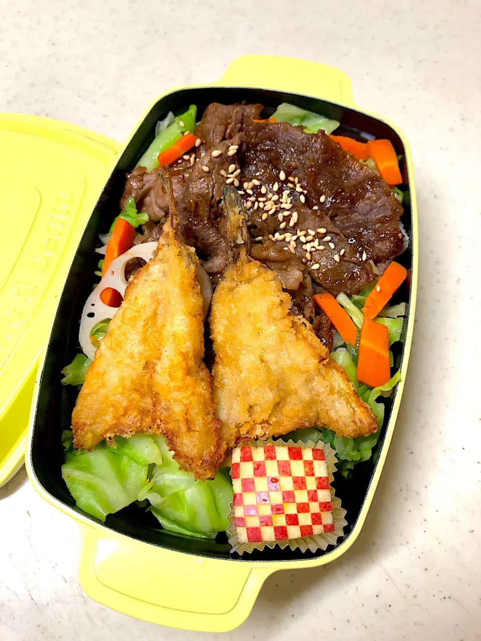 アジの唐揚げと焼肉乗っけ弁当|teteさん