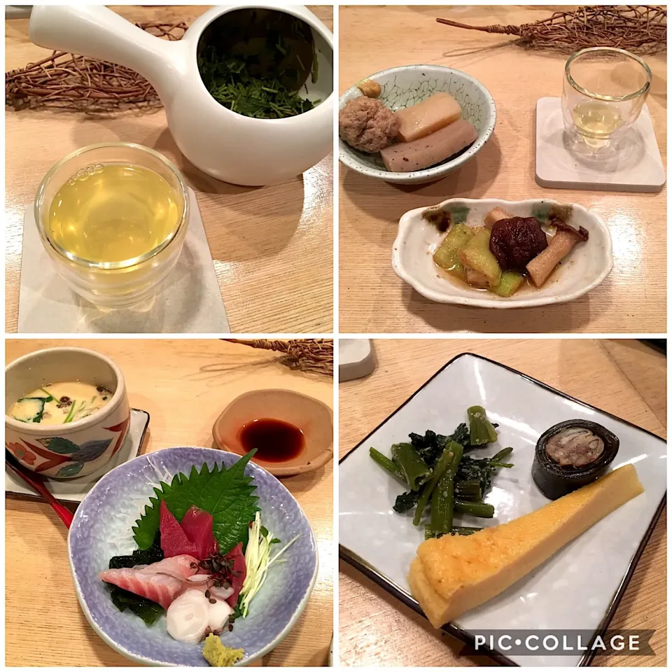 自然薯とろろ汁夜の定食（揚げ出し、おでん、お刺身三点盛、茶碗蒸し）、お茶（玉川のやぶきた）、お節の試食|こいちさん