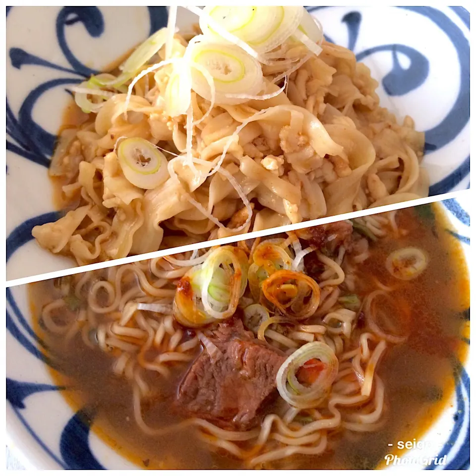 台湾のインスタント麺二種🍜
・汁なし麺の釜玉
・牛肉の具入りレトルト付き辛い汁麺|doc3387さん