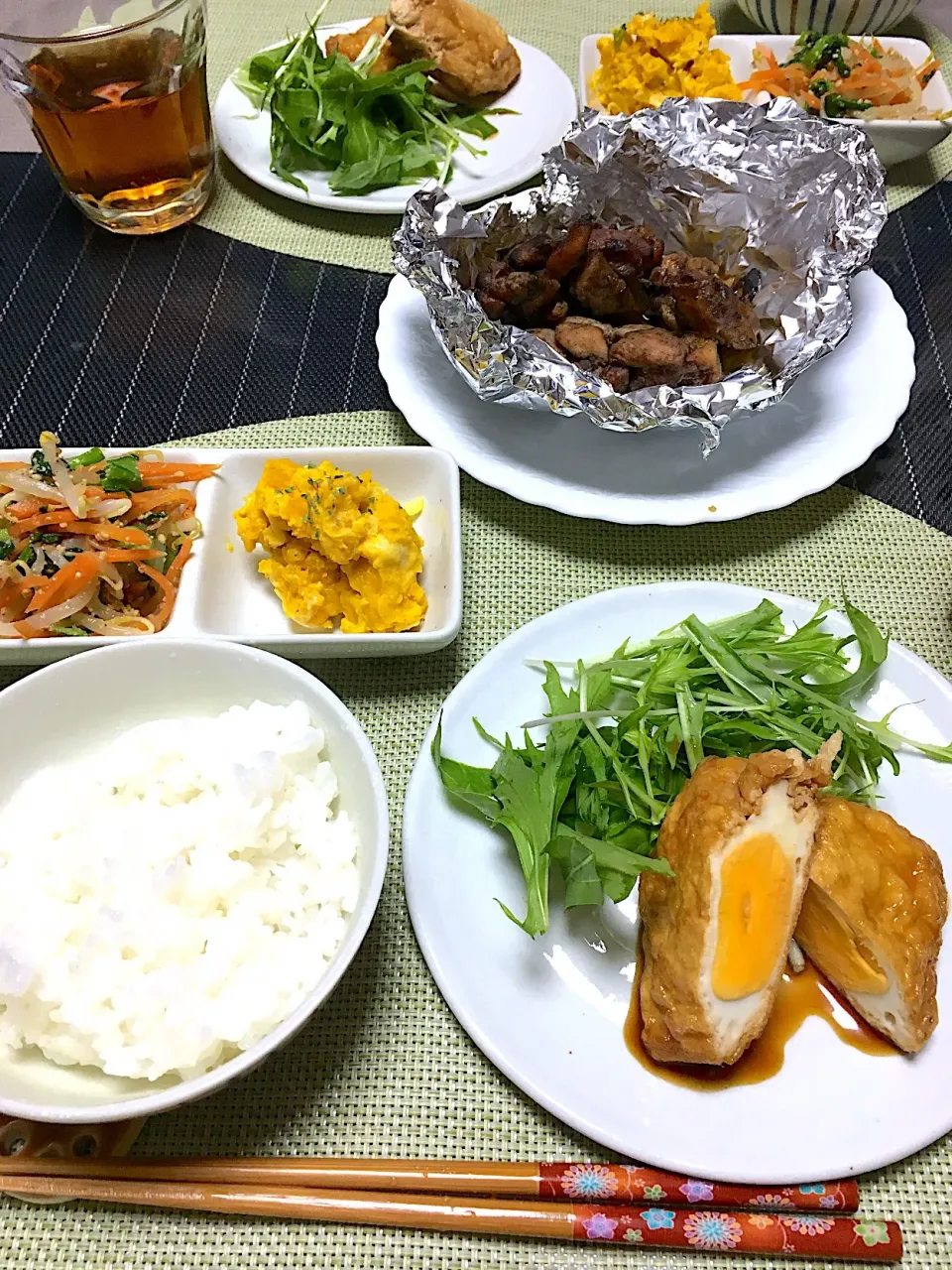 Snapdishの料理写真:・たまご巾着煮
・地鶏の炭火焼
・かぼちゃサラダ
・小松菜もやしの胡麻和え|ちぐあささん