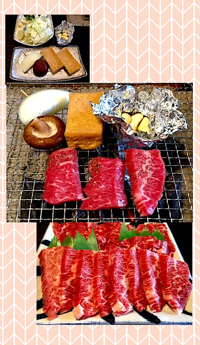 Snapdishの料理写真:囲炉裏で一人焼肉
#上バとハラミ
#ニンニクアヒージョも
#今季初火入れ
#炭焼きは美味い|mottomoさん