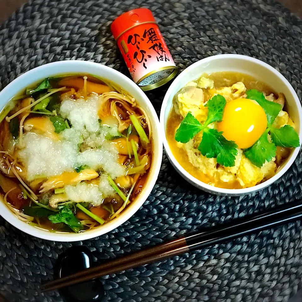 Snapdishの料理写真:「きのこあんかけそば」と「親子丼のあたま」|恭子さん