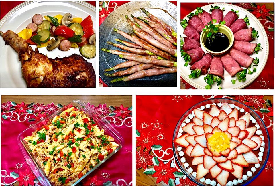 MERRY CHRISTMAS!🥂✨🎄
Oven-grilled chicken & veggies, fresh ham-wrapped asparagus,roast beef sushi,penne with meat sauce & strawberry tiramisu cake✨