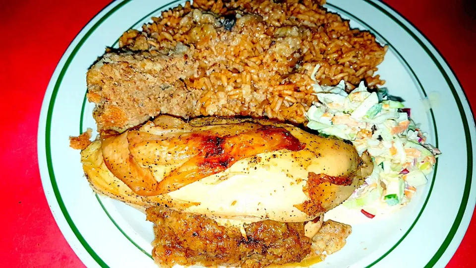 Stuffed Orange Chicken Breast with Green Peas n Rice Apple Mushroom Stuffing and Coleslaw.|Juan Simmsさん