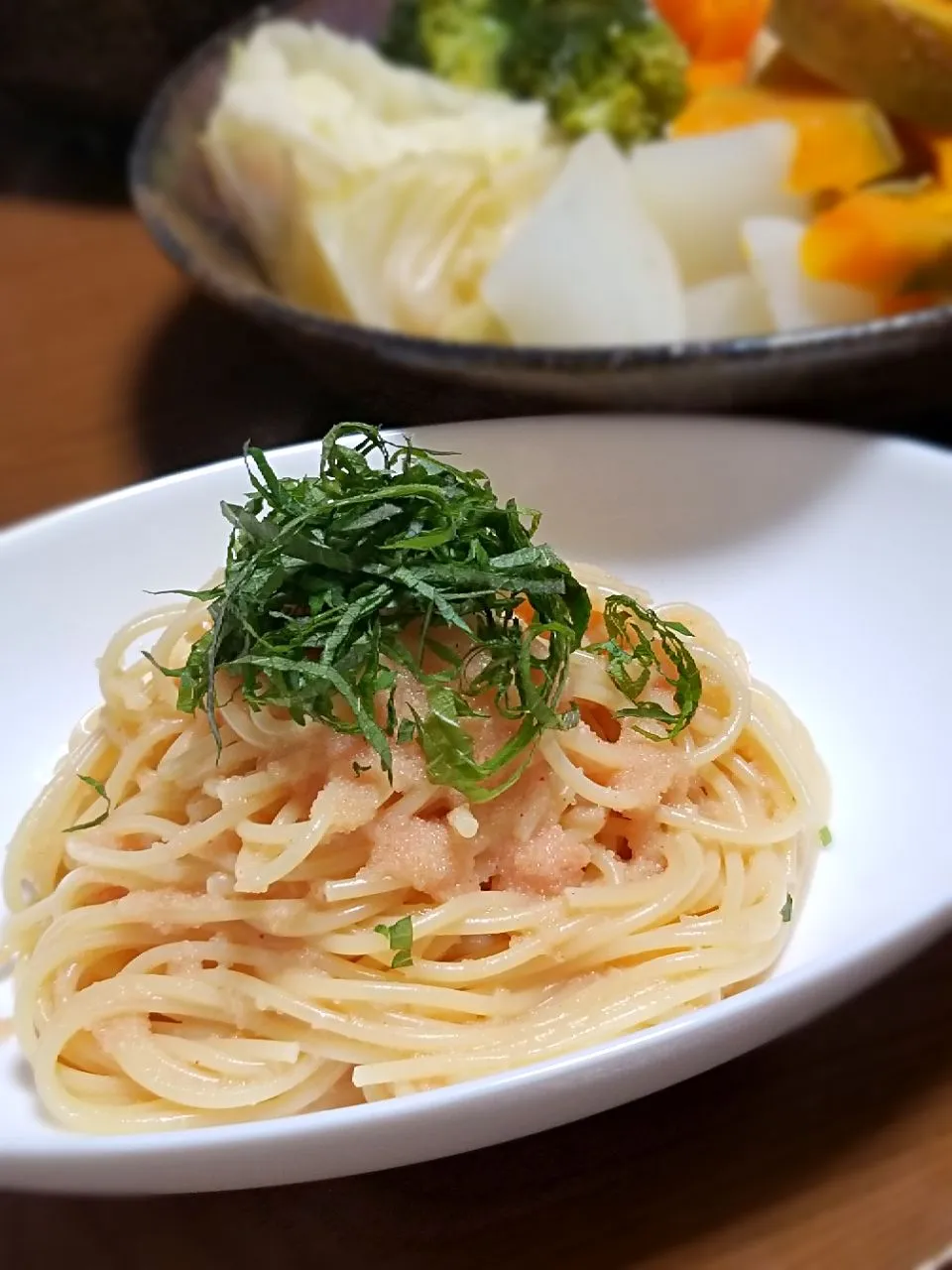 夕食◎明太子パスタと温野菜とか⛄|しょちちさん