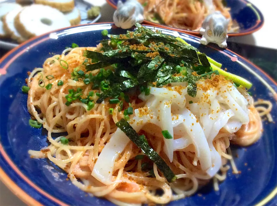 イカ明太子パスタに すりおろしたカラスミをかけて ^_^|Takeshi  Nagakiさん