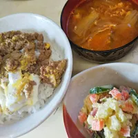 Snapdishの料理写真:合挽き肉卵とじご飯、キムチスープ、人参メインになってるポテトサラダ～～昼ごはん😆～|焼きそばパンまるかさん