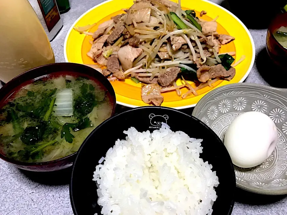 Snapdishの料理写真:塩で！ #夕飯 白米、肉(豚、牛)野菜炒め、春菊白菜味噌汁、ゆでたまご(まるまる1個)|ms903さん