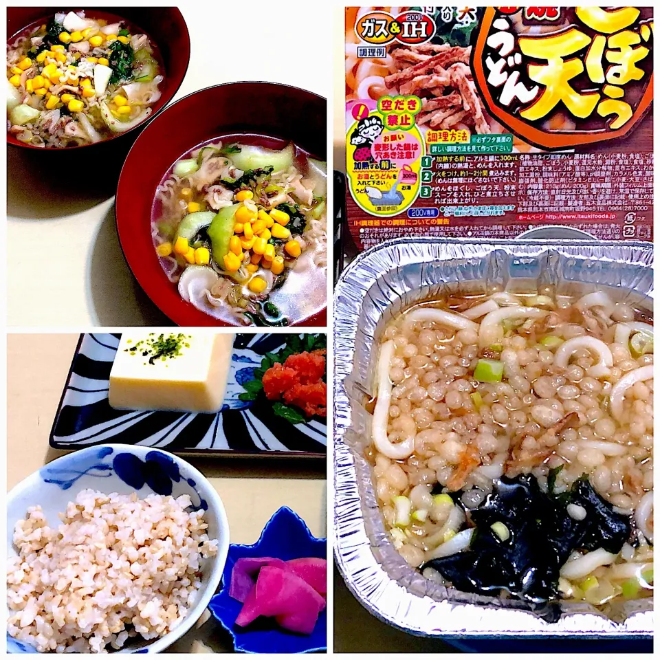 12／30夕食 #とりあえず #晩ごはん  •旦那さん用緊急食のごぼう天うどんと玉子豆腐、明太くらげ、ご飯  •帰宅後、野菜炒め載せラーメン  ‥急遽出掛けることになり、簡易夕食。わたしは食べそびれてたので、帰ってからラーメン。麺一人前を二人で分けっこ‥|おさんどんさん