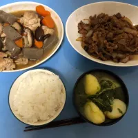 Snapdishの料理写真:鶏肉とこんにゃくの煮物、プルコギ風、ほうれん草とじゃがいもの味噌汁|關谷留美伊(旧 佐藤)さん