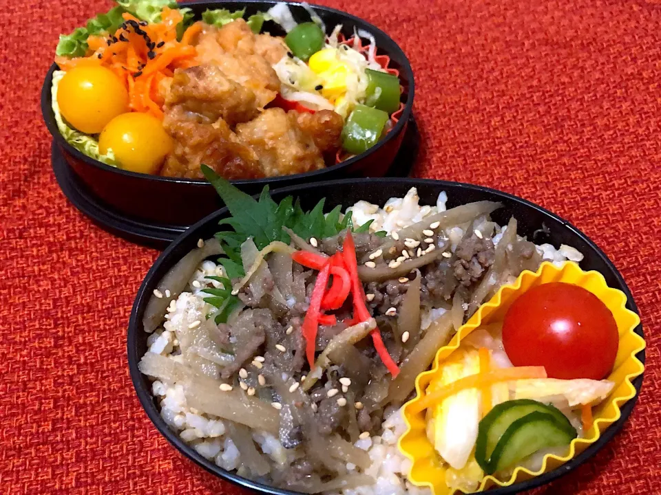 Snapdishの料理写真:1／4昼食  #昼ごはん #弁当
•牛ごぼうご飯 •白菜漬 •唐揚げ •サラダ|おさんどんさん