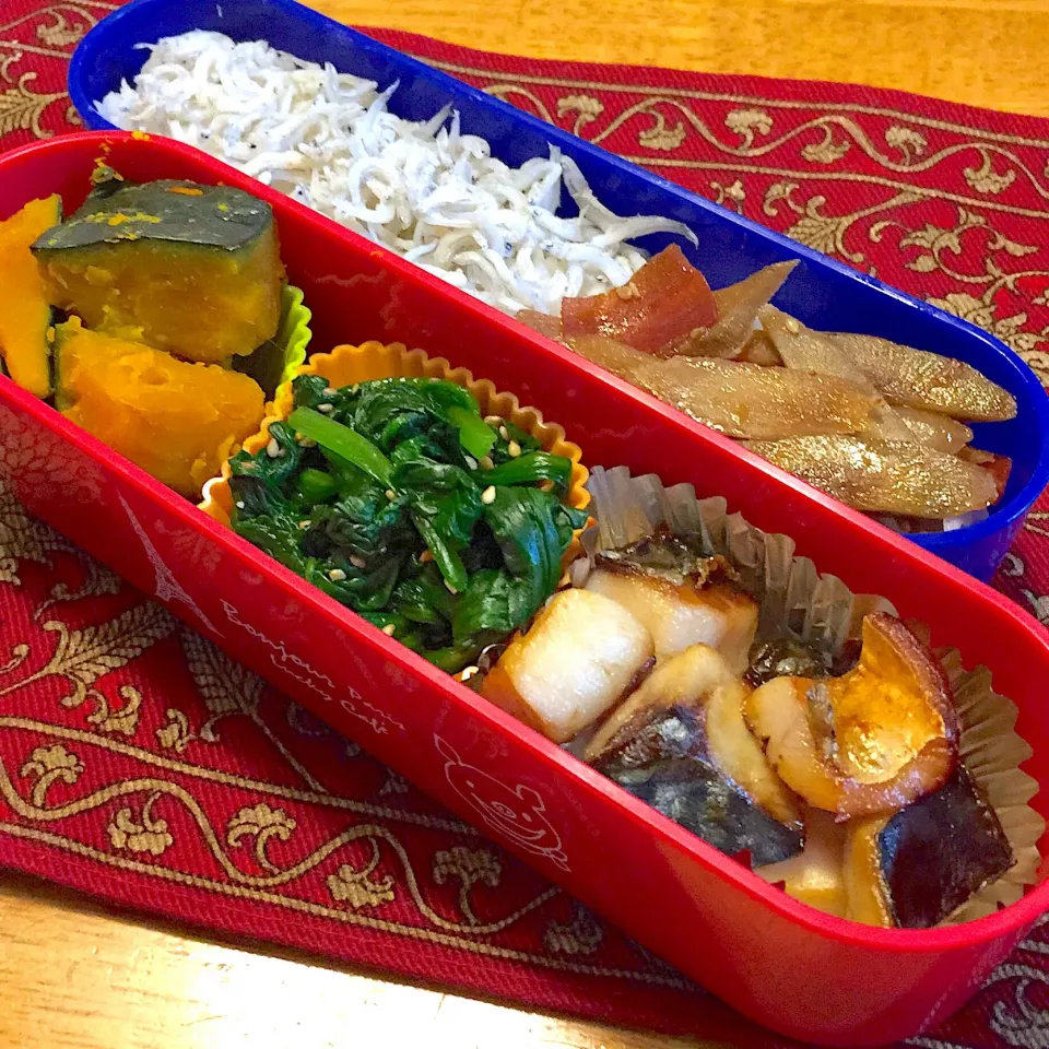 塩鯖と、ほうれん草の胡麻和えと、南瓜の煮物と、きんぴら牛蒡と、釜揚げしらすご飯弁当|もえさん