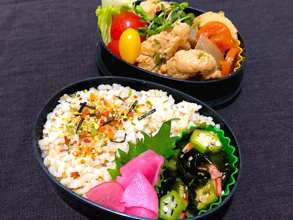 1／7昼食  #昼ごはん   #弁当  
•鶏つくねハンバーグ •がんもと根菜の煮物 •ワカメとおくらカニカマの和え物 •赤大根の甘酢漬け •玄米ごはん|おさんどんさん