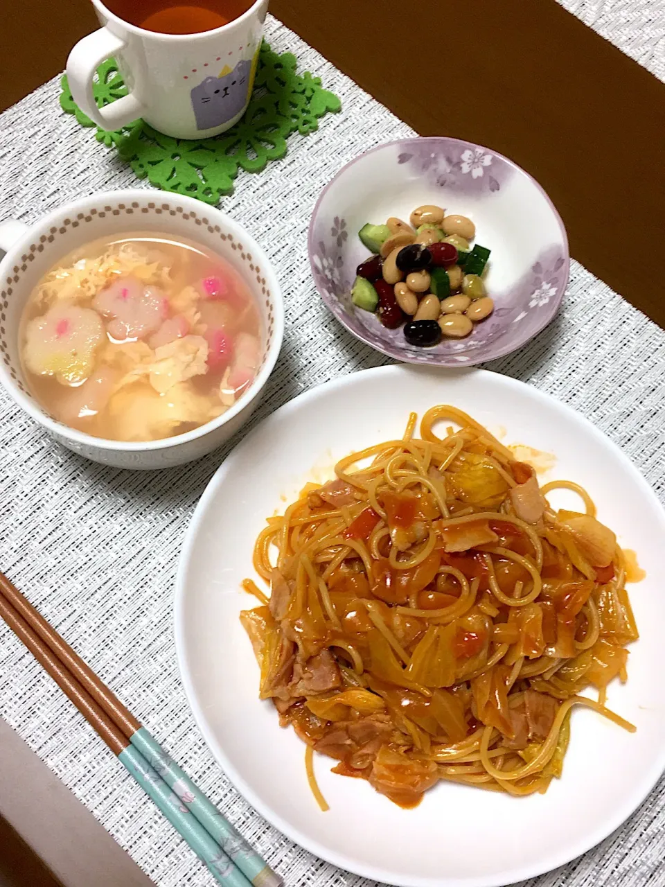 トマトパスタ♪豆サラダ♪卵スープ♪|ちぃさん