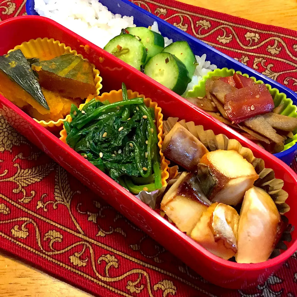 塩鯖と、ほうれん草の胡麻和えと、南瓜の煮物と、きんぴら牛蒡弁当|もえさん