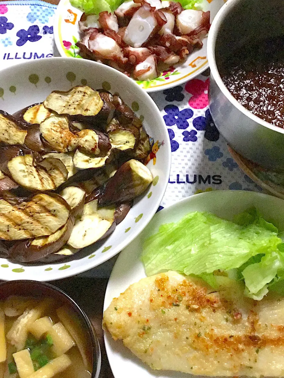 白身魚の香草焼き    茄子田楽🍆    タコの刺身    味噌汁|掛谷節子さん