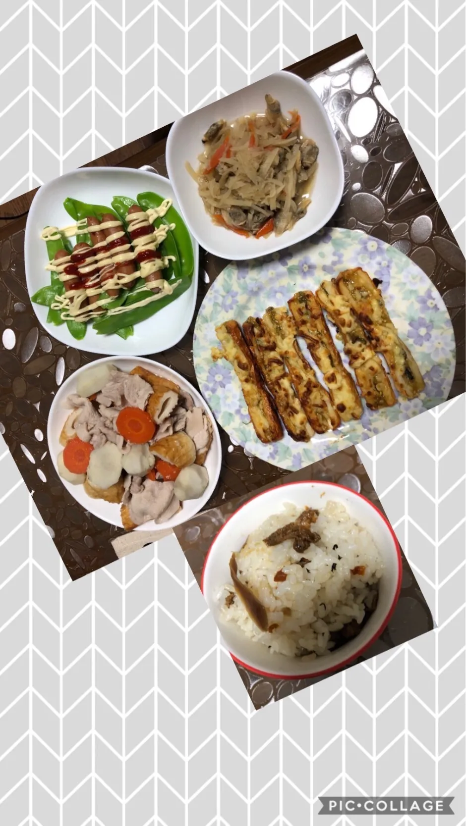 Snapdishの料理写真:竹輪ボード柚子味噌仕立て、オランダ豆ᵃⁿᵈボイルウィンナー、里芋と豚肉煮、味揚げ混ぜご飯|ma-ko omaさん